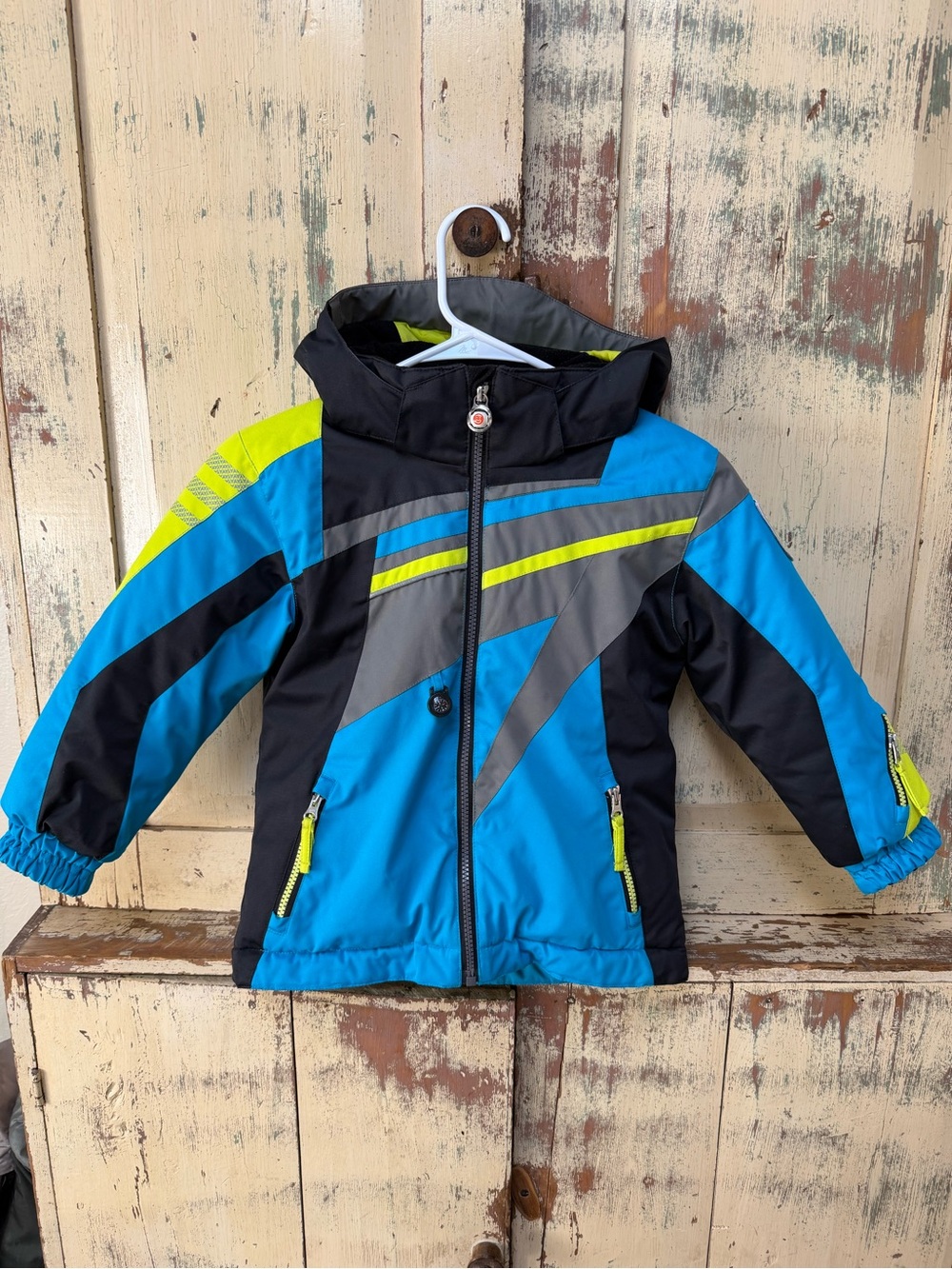 Obermeyer Blue and Black Kids' Winter Jacket with Neon Yellow Accent- size 5